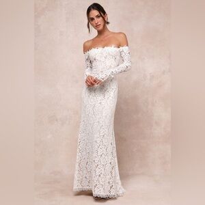 Lulus romance dreamer white lace off the shoulder maxi bridal dress